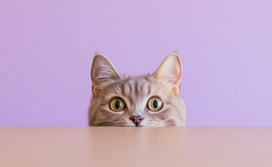 Obraz premium Curious British Shorthair cat peeking over table with wide eyes, set against pastel purple background. This playful scene captures cat inquisitive nature