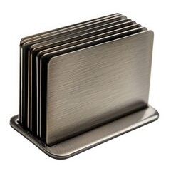 A sleek metal card holder with multiple slots for organizing cards.