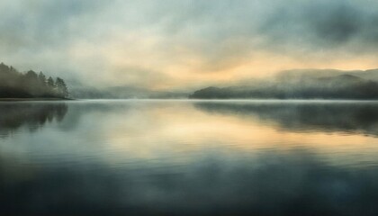 Fototapeta premium Serene lake landscape shrouded in mist during sunrise.