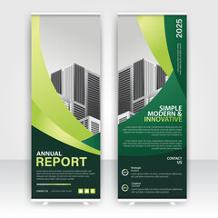 Modern design of annual report display stands showcasing professional graphics in an office environment