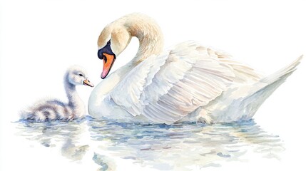 Obraz premium A serene scene of a mother swan and her cygnet gliding gracefully on calm waters, symbolizing love and family in nature.