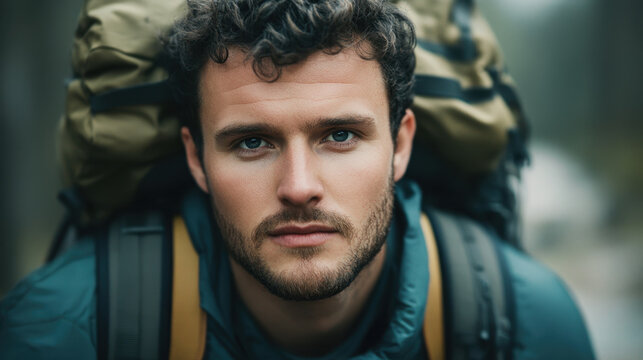 focused American man with curly hair and backpack, ready for adventure in nature. His expression shows determination and readiness for exploration