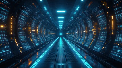 Futuristic Server Room with Neon Lights and High Contrast Depth in Cyberpunk Style