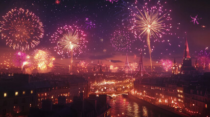 Fototapeta premium Happy New Year Card with Fireworks in the Background for Festive Celebration