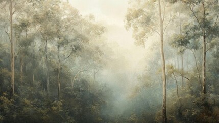 Serene misty forest landscape with tall trees and soft light.