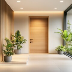 Modern Minimalist Entrance Hallway with Wooden Door and Potted Plants.