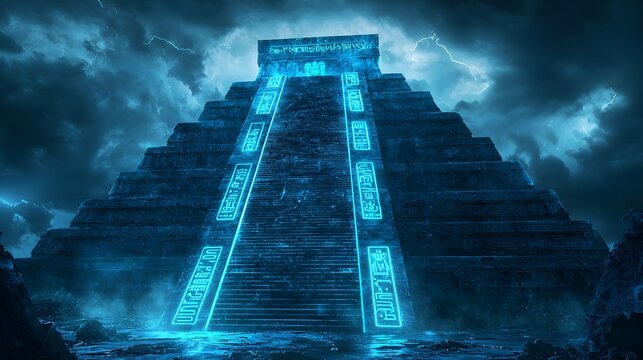 Futuristic Aztec Temple with Blue Neon Hieroglyphs