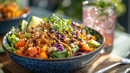 Fresh Colorful Salad Bowl with Vegetables Refreshing Drink Outdoor Dining Natural Light Culinary Delight
