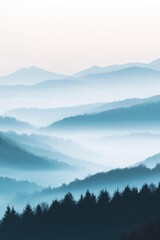 Fototapeta premium Serene misty mountains with layered hills and dense forests.