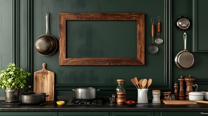 Mockup of picture frames hanging on the kitchen wall and kitchen utensils arranged