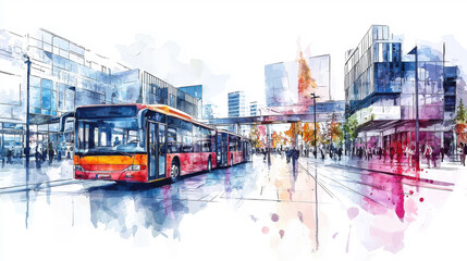 Obraz premium A vibrant watercolor illustration of a city bus navigating through a bustling urban environment, showcasing modern architecture.