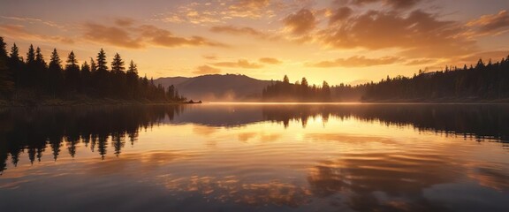 Fototapeta premium Golden sun setting behind wispy clouds over shimmering lake, evening light, tranquility, radiant colors