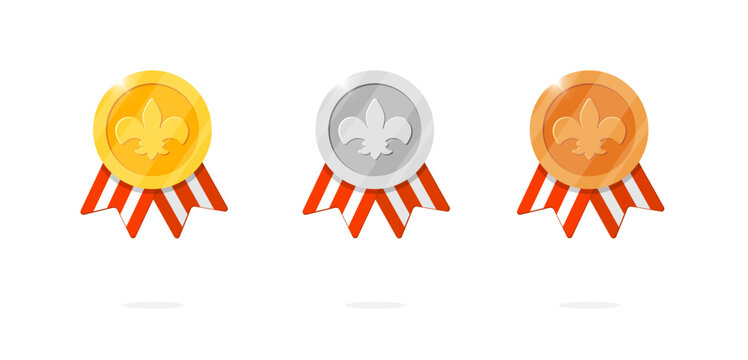 Gaming achievement award medal icon set with royal symbol and red striped ribbon. Winner place gold, silver, bronze ranking and quality medallion in regal theme. Game leader bonus animation badge kit