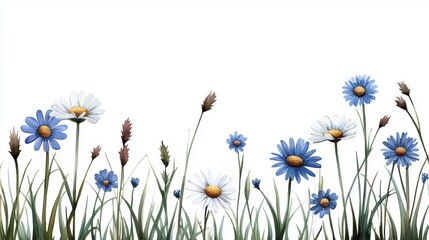 Blue & White Daisies Meadow Floral Border | Painterly illustrations