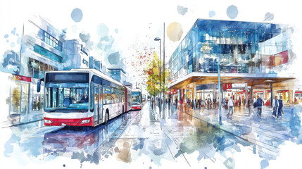 Obraz premium A vibrant watercolor scene of a city bus stop, showcasing urban life, architecture, and commuters amidst a colorful backdrop.