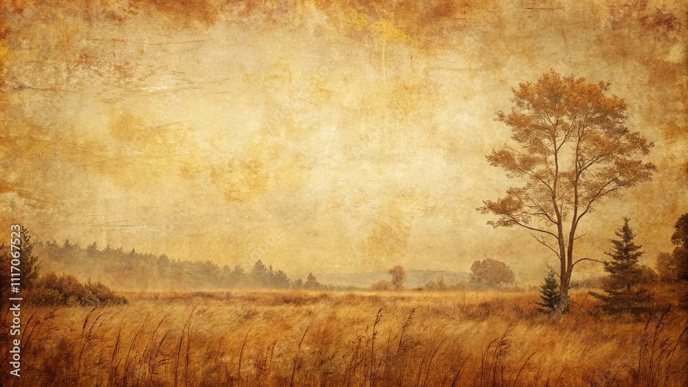 Poster a tree stands in a field of tall grass