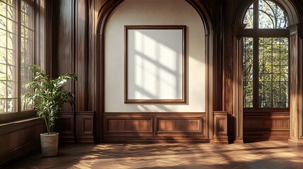 Mockup of blank photo frame hanging on wall indoors