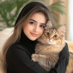 Young Woman in Hijab Hugging a Fluffy Cat