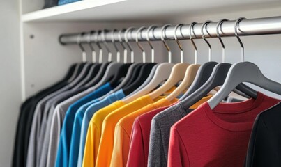 Fototapeta premium A neatly organized closet with colorful shirts on hangers.