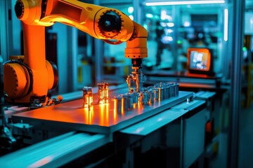 Robotic arm assembling components in a high-tech industrial setting.