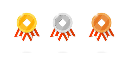 Gaming achievement award medal icon set with Chinese lucky coin and red striped ribbon. Winner place gold, silver, bronze ranking and quality medallion in Asian fortune theme. Game leader bonus badge