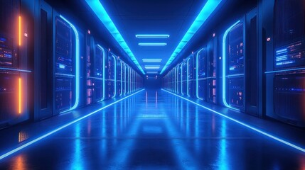 Fototapeta premium Futuristic Server Room in Cyberpunk Style with Neon Lighting and Organized Data Storage