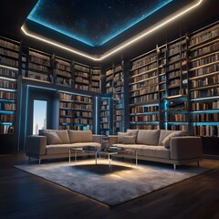 Fototapeta premium A futuristic, AI-driven home library with holographic books floating in mid-air, soft ambient lighting, and a sleek, minimalist design for tech-forward themes, Generative Ai