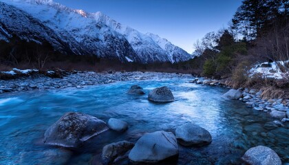 Starlit water glides between ancient rocks, soft murmurs breaking the mountain's midnight silence, reflecting fragments of celestial light.