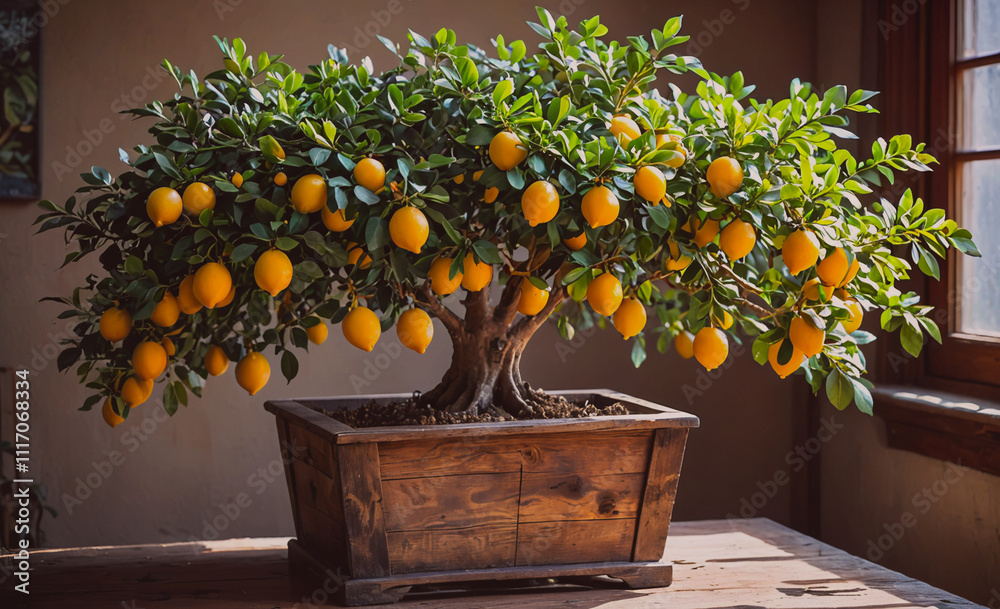 Aufkleber small tree with many lemons on it. the tree is in a wooden box. the box is on a table