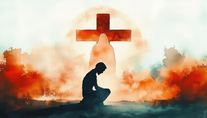 Man Praying Silhouette with Jesus Cross Background Watercolor Painting Emotional Spirituality