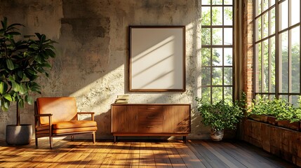 Mockup of hanging picture frame in retro interior full of sunlight and plants