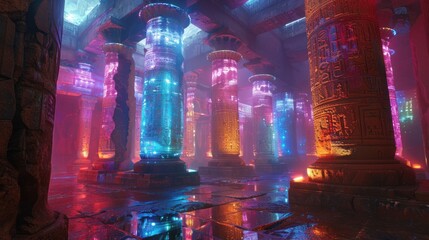 Glowing neon columns in ancient temple ruins.