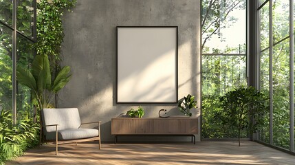 Mockup of plants, sofa chairs and photo frames hanging on the wall in the room