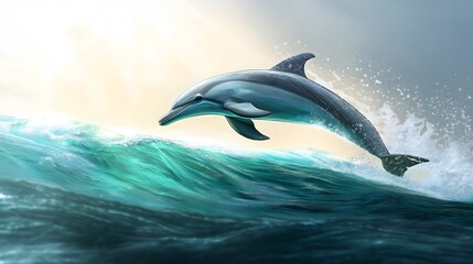 Obraz premium A majestic dolphin leaping out of turquoise ocean waters, droplets glistening in the sunlight.