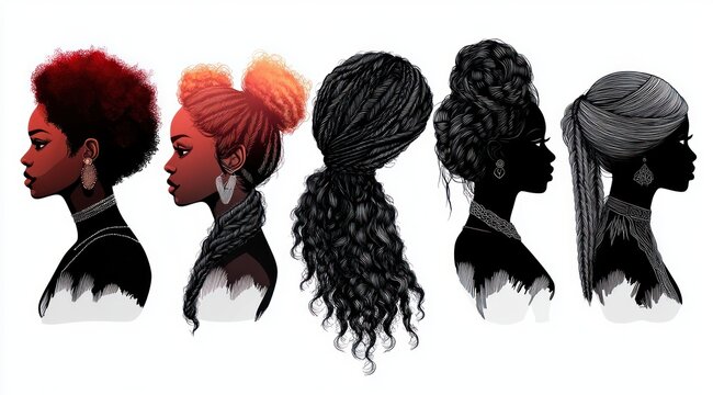 Diverse Hairstyles Silhouette of Black Women with Afros, Braids, and Turbans for Logo Inspiration