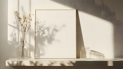 Wooden picture frame mockup placed on the wall countertop in a sunny indoor room