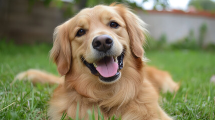 Obraz premium Happy golden retriever lying on green grass, enjoying sunny day. This friendly dog has joyful expression, showcasing its playful nature and love for outdoors