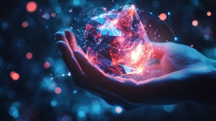 A glowing crystal held in a hand, surrounded by a vibrant, abstract digital background.