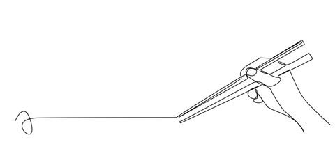 continuous line drawing of a hand holding wooden chopsticks.one line drawing of a hand with chopsticks preparing to take food.single line vector illustration.isolated white background