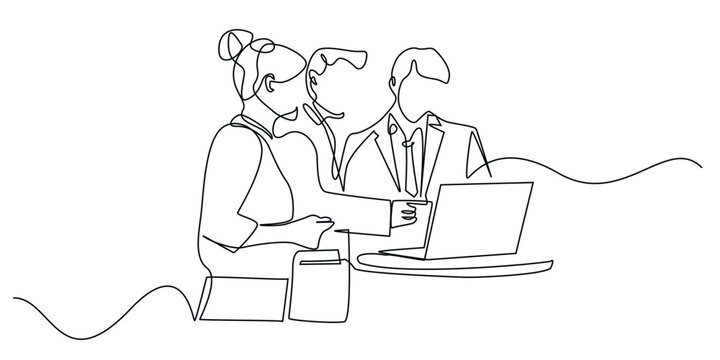 recommend clip art: continuous line drawing of a group of business people discussing in front of a laptop.one line drawing shows business development.single line vector illustration.isolated on white background