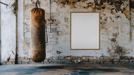 Mockup of brick wall building interior with hanging boxing bags and picture frames on the wall