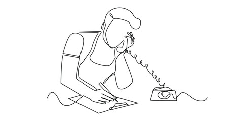 continuous line drawing of employee taking phone call and writing on clipboard.one line drawing of employee recording customer order.single line online order.isolated white background