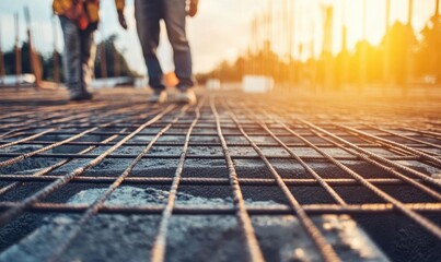 Construction site with workers walking on rebar grid at sunset.