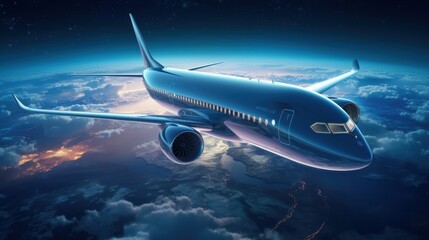 Fototapeta premium Modern air travel concept showcasing a passenger plane in space view, emphasizing innovation in long-distance travel