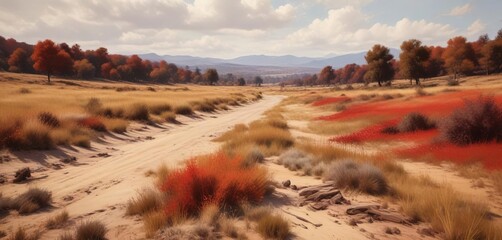 Impressionist style painting of a rustic landscape background with rusty red and brown brush strokes, impressionist, earth tones