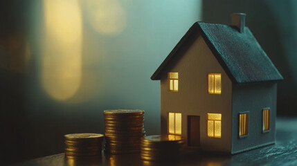 model house with glowing windows beside stacks of coins symbolizes real estate investment and financial growth. warm light creates inviting atmosphere