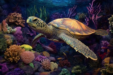 Fototapeta premium A sea turtle gliding gracefully underwater, surrounded by colorful coral and tropical fish.