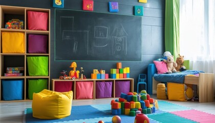 Colorful children's playroom with toys, chalkboard, and seating.