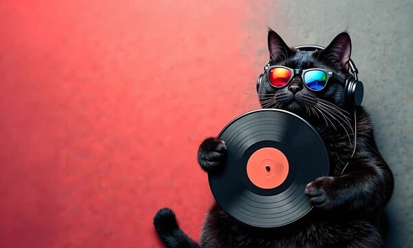 Black cat wearing colorful sunglasses holding a vinyl record on a gradient red and gray background with copy space