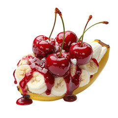 Delicious banana split dessert with cherries. transparent background